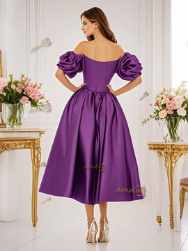 Shop 2025 ANNAKOO Purple Off The Shoulder Tea Length Satin Homecoming Dress Under 138