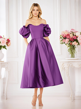 Shop 2025 ANNAKOO Purple Off The Shoulder Tea Length Satin Homecoming Dress Under 138