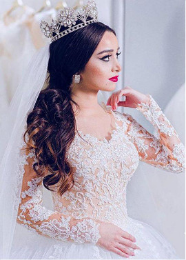 Long Sleeve Sheer Jewel Lace Ball Gown Wedding Dress 