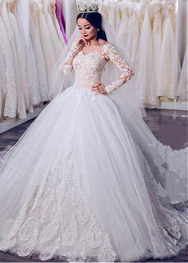 Long Sleeve Sheer Jewel Lace Ball Gown Wedding Dress 