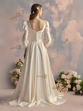 Shop 2025 ANNAKOO Long Sleeve Ivory Satin A Line Beading Wedding Dress Under 298
