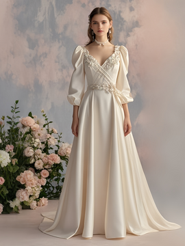 Shop 2025 ANNAKOO Long Sleeve Ivory Satin A Line Beading Wedding Dress Under 298