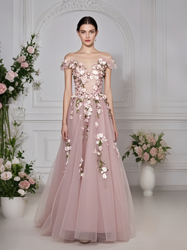 Shop 2025 Annakoo Off The Shoulder A Line Pink Tulle Flower Prom Dress Under 298