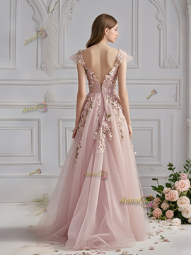 Shop 2025 ANNAKOO Off The Shoulder Appliques A Line Pink Tulle Flower Prom Dress Under 289