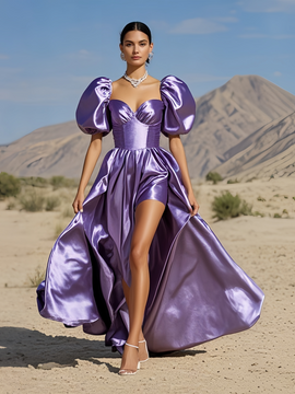 Shop 2025 ANNAKOO Lavender A Line Sweetheart Satin Puffy Prom Dress With Slit Under 179