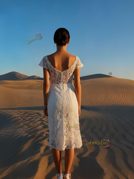 Shop 2025 ANNAKOO Short Sleeve Scoop Sheath Column Lace Tea Length Wedding Dress Under 169
