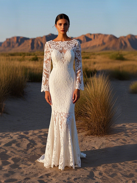 Shop 2025 ANNAKOO Long Sleeve Trumpet Mermaid Scoop White Lace Wedding Dress Under 269