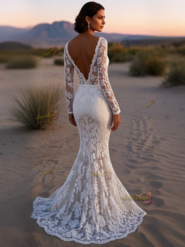 Shop 2025 ANNAKOO Long Sleeve Deep V Neck Trumpet Mermaid Backless Wedding Dress Under 259