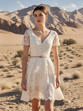 Shop 2025 ANNAKOO Short Sleeve V Neck A Line Belt Lace Wedding Dress Under 169