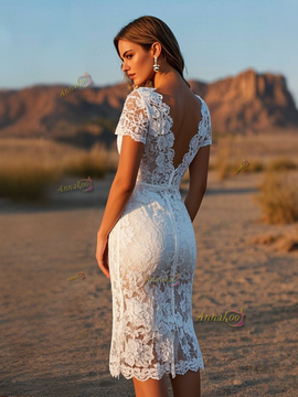 Shop 2025 ANNAKOO V Neck Short Sleeve Sheath Lace Wedding Dress Under 159