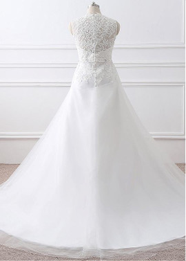 Plus Size Tulle V-neck  A-line Wedding Dress With Belt