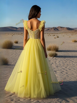 Shop 2025 ANNAKOO  Yellow Fly Sleeves A Line Backless Beading Prom Dress Under 248