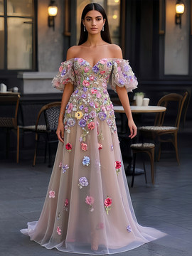 Shop 2025 ANNAKOO Floral Off The Shoulder A Line Puffy Sleeve Prom Dress Under 589