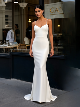 Shop 2025 ANNAKOO White Spaghetti Straps Trumpet Mermaid Satin Backless Prom Dress Under 159