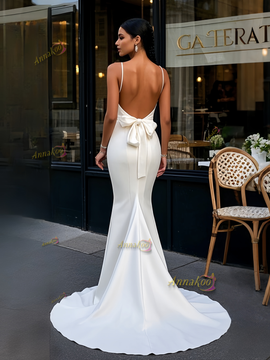 Shop 2025 ANNAKOO White Spaghetti Straps Trumpet Mermaid Satin Backless Prom Dress Under 159