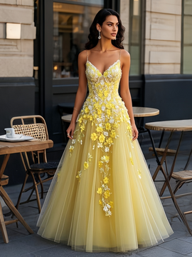 Shop 2025 ANNAKOO Spaghetti Straps Appliques Backless Yellow Tulle Prom Dress Under 219