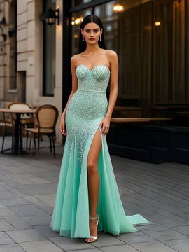 Shop 2025 ANNAKOO Mint Green Tulle Sheath Column Beading Prom Dress With Slit Under 258