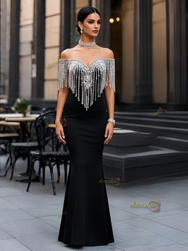 Shop 2025 ANNAKOO Off The Shoulder Crystal Beading Trumpet Mermaid Black Prom Dress Under 299