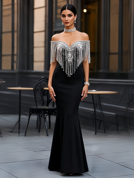 Shop 2025 ANNAKOO Off The Shoulder Crystal Beading Trumpet Mermaid Black Prom Dress Under 299