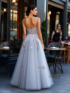 Shop 2025 ANNAKOO Spaghetti Straps Sweetheart Appliques Gray Tulle A Line Prom Dress Under 178