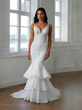 Shop 2025 ANNAKOO Mermaid V Neck Tulle Appliques Ruffles Wedding Dress Under 260