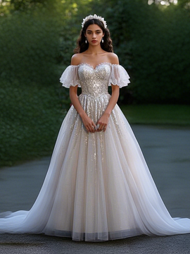 Shop 2025 ANNAKOO Off The Shoulder Champagne Tulle A Line Sparkle Prom Dress Under 198