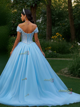 Off The Shoulder Tulle Ball Gown Appliques Prom Dress
