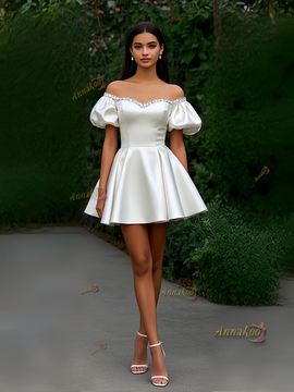 White Off The Shoulder Satin Puffy Sleeve Short Mini Homecoming Dress