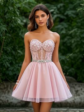 Shop 2025 Annakoo Pink Tulle Sweetheart Sheer Beading Short Homecoming Dress Under 159