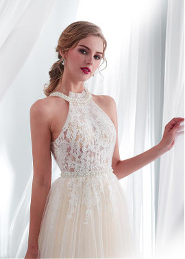 Sexy Tulle Halter See-through Bodice A-line Wedding Dress 