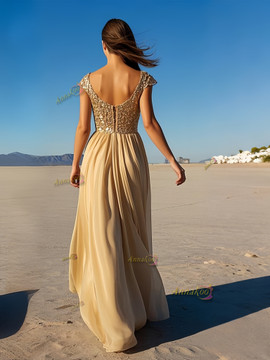 Shop 2025 ANNAKOO Chiffon Gold Cap Sleeve A Line Prom Dress With Slit Under 158