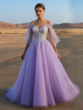 Shop 2025 ANNAKOO Lavender Tulle Long Sleeve Beading A Line Prom Dress Under 198