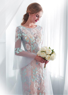 Colorful Flower Jewel See-through Sheath/Column Wedding Dress