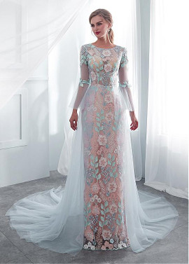 Colorful Flower Jewel See-through Sheath/Column Wedding Dress