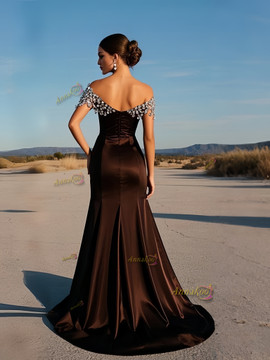 Shop 2025 ANNAKOO Off The Shoulder Brown Beading Satin Trumpet Mermaid Prom Dress With Slit Under 189