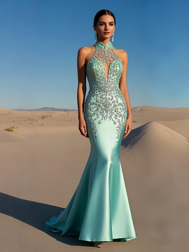 Shop 2025 ANNAKOO  High Neck Satin Mint Beading Trumpet Mermaid Prom Dress Under 288