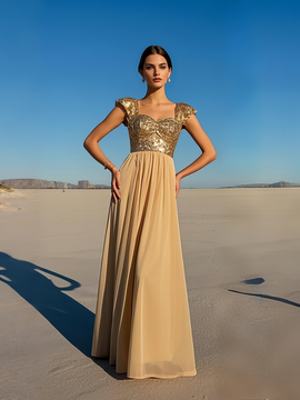 Shop 2025 ANNAKOO Gold Sequin V Neck Cap Sleeve Chiffon Prom Dress Under 178