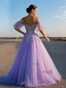 Shop 2025 ANNAKOO  Lavender Tulle Long Sleeve A Line Beading Prom Dress Under 276