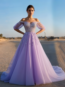 Shop 2025 ANNAKOO  Lavender Tulle Long Sleeve A Line Beading Prom Dress Under 276