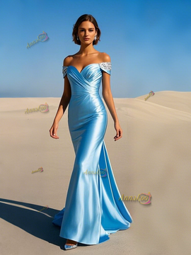 Shop 2025 ANNAKOO Beading Light Blue Satin Off The Shoulder Trumpet Mermaid Prom Dress Under 198