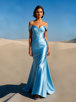 Shop 2025 ANNAKOO Beading Light Blue Satin Off The Shoulder Trumpet Mermaid Prom Dress Under 198