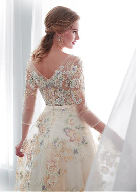 Lace Bateau 3/4 Sleeves Color Floral  A-line Wedding Dress With Belt