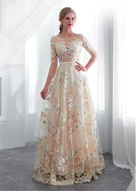 Lace Bateau 3/4 Sleeves Color Floral  A-line Wedding Dress With Belt
