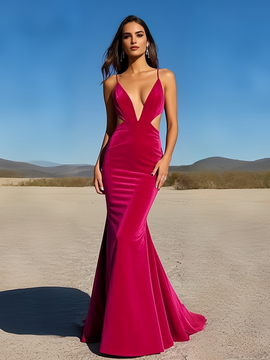 Shop 2025 ANNAKOO Fuchsia V Neck Trumpet Mermaid Backless Prom Dress Under 139