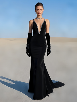 Shop 2025 ANNAKOO Black Beading V Neck Trumpet Mermaid Velvet Prom Dress With Glove Under 169