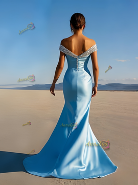 Shop 2025 ANNAKOO Beading Off The Shoulder Ruched Light Blue Trumpet Mermaid Prom Dress Under 189