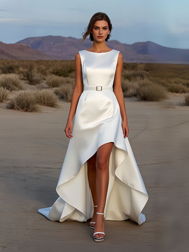 Shop 2025 ANNAKOO White High Low A Line Satin Belt Wedding Dress Under 189
