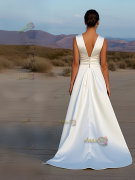 Shop 2025 ANNAKOO White High Low A Line Satin Belt Wedding Dress Under 189