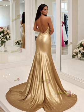 Shop 2025 ANNAKOO Gold V neck Satin Trumpet Mermaid Prom Dress With Slit Under 149