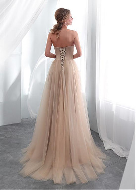 Tulle & Satin Sweetheart Champagne Long A-line Wedding Dress 